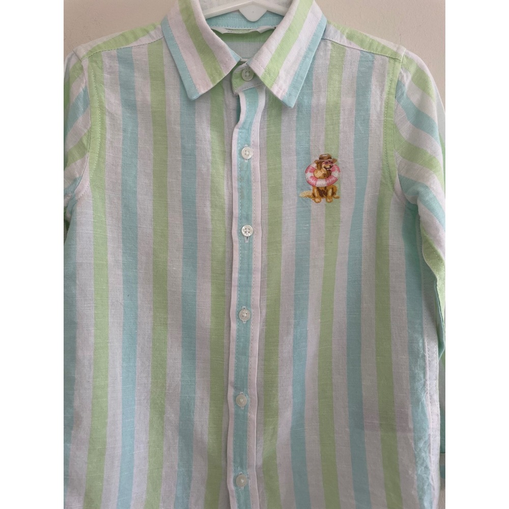 Janie and Jack x Gray Malin Boys Striped Linen Cotton Shirt Green Blue Size 4 - Picture 4 of 12